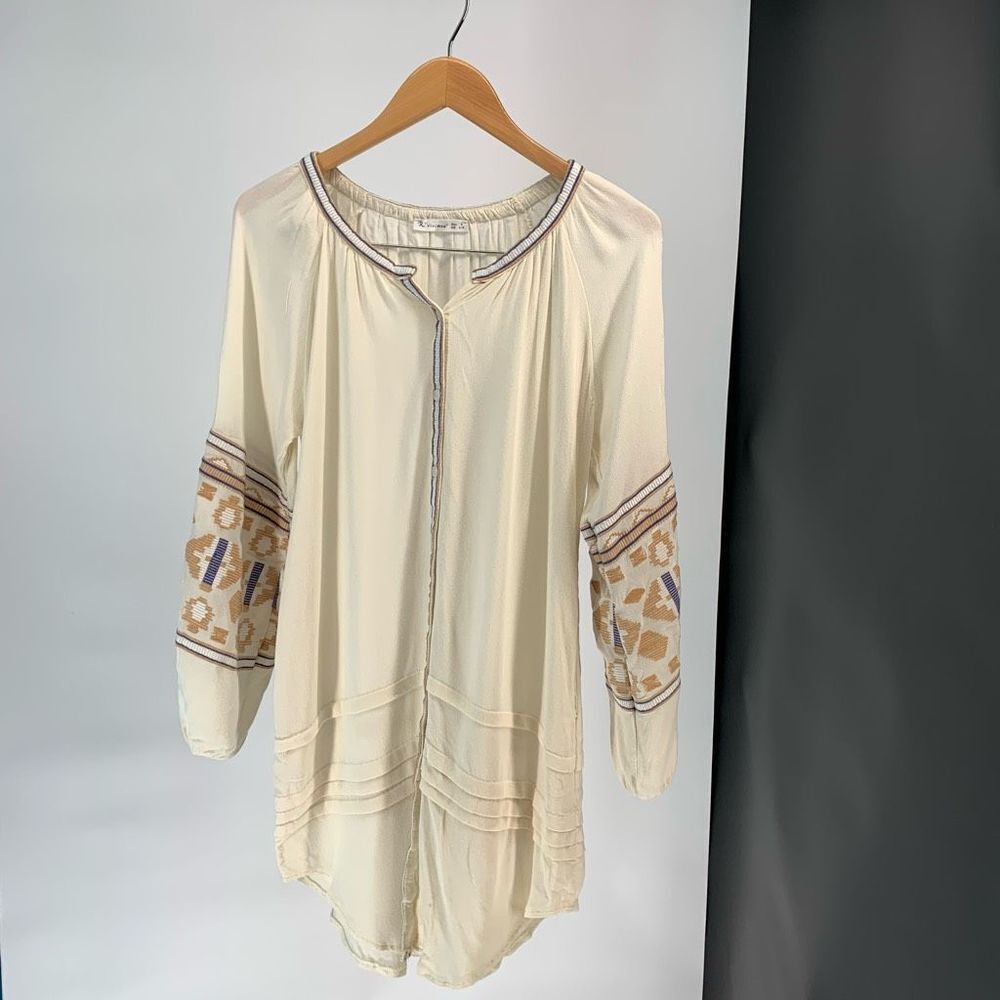 R VIVIMOS long tunic top blouse long sleeve embroidered boho beige white sz s